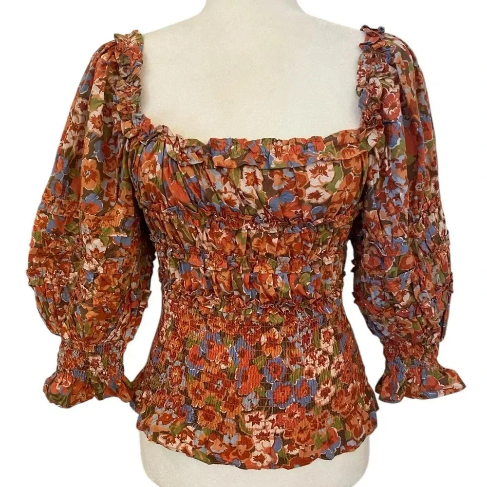 HOUSE OF HARLOW 1960 Ruffle Square Neck Smocked Top Long Sleeve Size Small